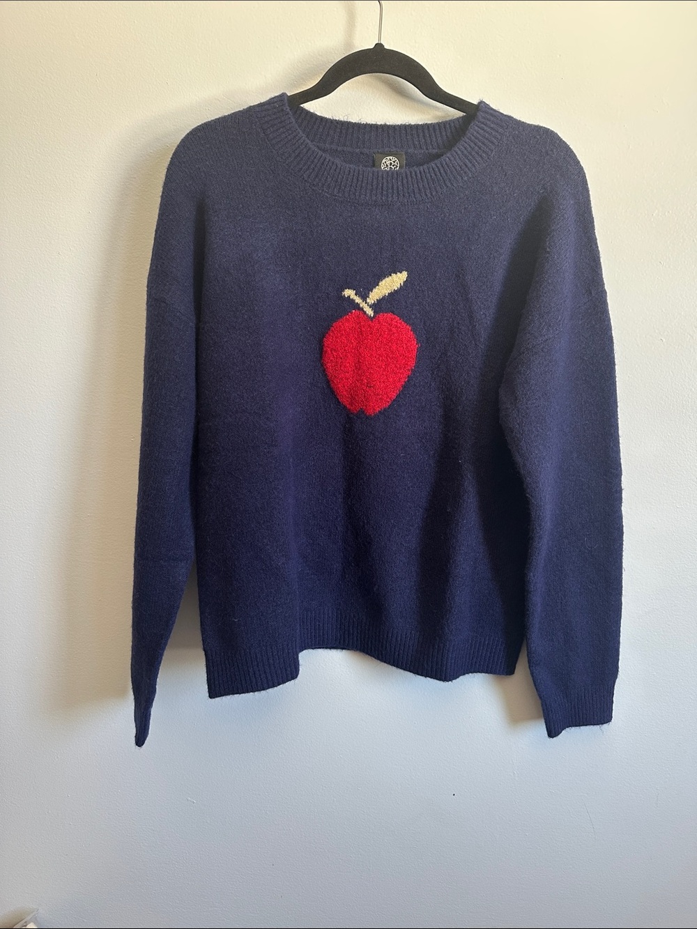 bobeau Navy Crewneck Sweater with Red Apple Motif